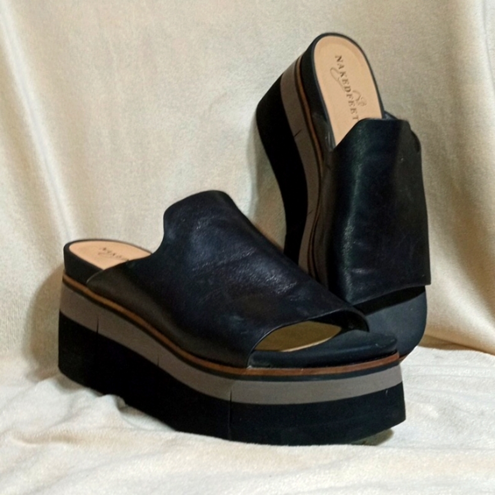 Naked Feet black leather platform slides